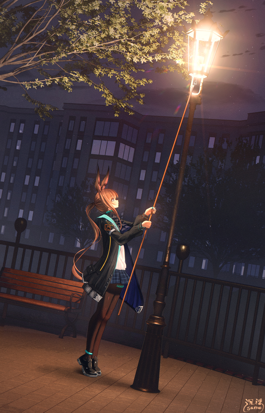 1girl absurdres amiya_(arknights) animal_ears anklet aqua_collar arknights ascot bench black_ascot black_jacket black_shoes black_skirt brown_hair brown_pantyhose building chenfusama chinese_commentary clothes_writing collar commentary_request full_body grey_eyes highres holding jacket jewelry lamppost lens_flare light_particles lighting_torch long_hair long_sleeves looking_up miniskirt night open_clothes open_jacket outdoors pantyhose park_bench parted_lips plaid_clothes plaid_skirt plant pleated_skirt ponytail profile railing scenery shirt shoes sidelocks skirt solo standing thighlet tiptoes tree white_shirt