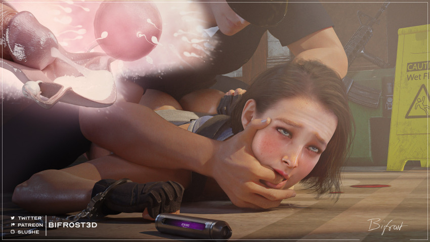 1boy 1girl artist_name ass bifrost3d blonde_hair butt_crack capcom captured cuffs cum cum_in_pussy ejaculation fertilization finger_in_another&#039;s_mouth fingerless_gloves gloves handcuffs hetero highres impregnation internal_cumshot jill_valentine ovum penis police police_uniform policeman rape resident_evil resident_evil_3:_nemesis rolling_eyes sex sex_from_behind short_hair signature sperm_cell unwanted_impregnation uterus vaginal