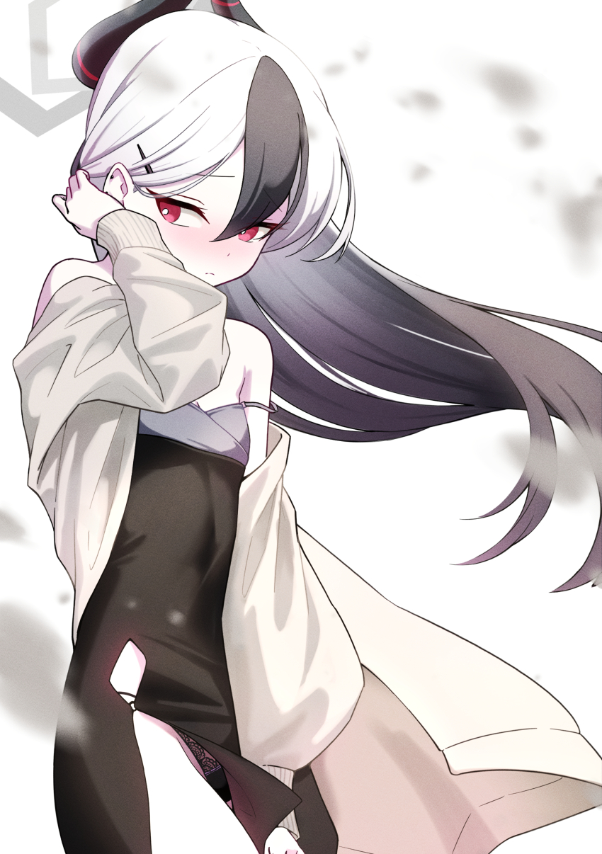 1girl absurdres averting_eyes black_dress black_hair black_horns black_panties blue_archive blurry blurry_foreground blush brown_jacket closed_mouth commentary_request demon_horns dress floating_hair gradient_hair hair_between_eyes halo highres horns jacket kayoko_(blue_archive) kayoko_(dress)_(blue_archive) lace lace_panties long_hair long_sleeves multicolored_hair off_shoulder official_alternate_costume official_alternate_hairstyle open_clothes open_jacket panties pantyshot red_eyes sayu_mypace side_slit solo standing tucking_hair underwear variant_set white_hair
