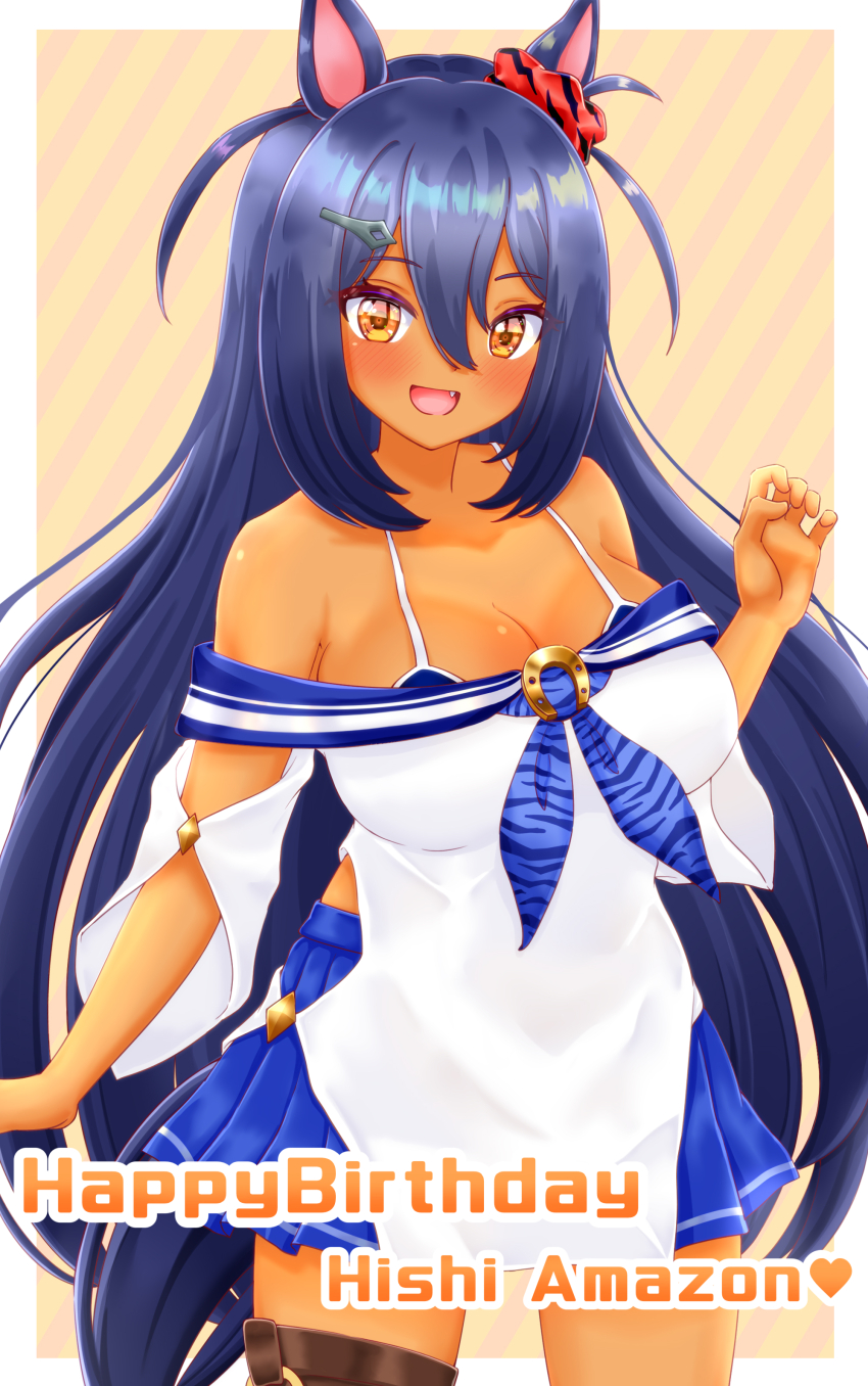 1girl absurdres animal_ears bare_shoulders bikini bikini_under_clothes black_hair blue_bikini blue_skirt breasts brown_eyes character_name cleavage cowboy_shot dark-skinned_female dark_skin ear_scrunchie fang hair_between_eyes happy_birthday highres hishi_amazon_(umamusume) horse_ears horse_girl horse_tail large_breasts long_hair long_sleeves looking_at_viewer momomiyaj_p off-shoulder_shirt off_shoulder open_mouth shirt skirt smile solo swimsuit tail thigh_strap umamusume white_shirt
