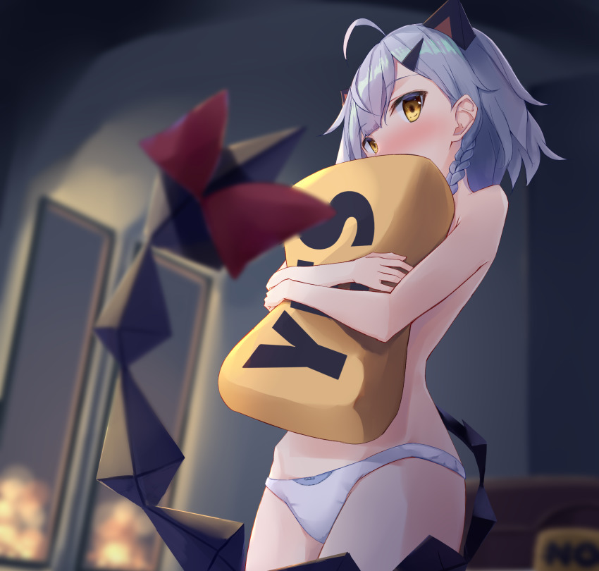 1girl ahoge akinakesu-chan animal_ears blurry blurry_background blurry_foreground blush bow braid brown_eyes commentary_request covered_mouth depth_of_field grey_hair hair_ornament hairclip highres hugging_object indoors looking_at_viewer no no_pants nose_blush panties pillow pillow_hug red_bow reiny_(vtuber) solo standing tail tail_bow tail_ornament topless_female underwear underwear_only virtual_youtuber white_panties yes yes-no_pillow