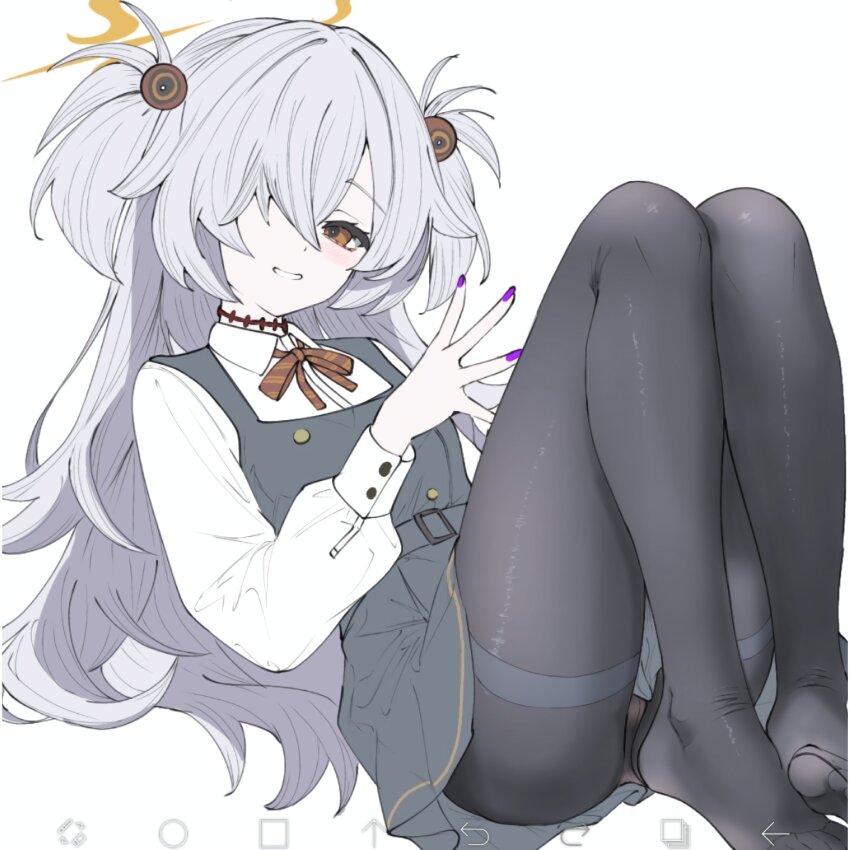 1girl black_pantyhose blue_archive brown_halo brown_ribbon collared_shirt dress grey_dress grey_hair hair_bobbles hair_ornament hair_over_one_eye halo highres kanoe_(blue_archive) long_hair nail_polish neck_ribbon no_shoes orange_eyes pantyhose pinafore_dress purple_nails ribbon shirt simple_background sleeveless sleeveless_dress smile solo two_side_up wa_sumi white_background white_shirt