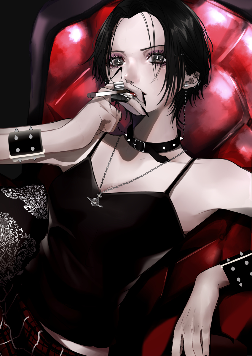 1girl absurdres aegyo_sal bare_shoulders belt_collar black_collar black_hair black_nails black_tank_top bracelet breasts chain chain_earrings chair cigarette cleavage collar collarbone ear_piercing elbow_rest eyelashes fingernails grey_eyes highres holding holding_cigarette jewelry long_fingernails mano_aaa medium_breasts multiple_rings nana_(series) nose on_chair osaki_nana parted_bangs piercing plaid_clothes plaid_skirt planet_necklace punk red_skirt ring short_hair sitting skirt smoke smoke_trail smoking solo spiked_bracelet spiked_collar spikes tank_top upper_body vivienne_westwood