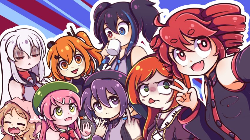 1boy 6+girls =_= a.i._voice adachi_rei ahoge anger_vein bare_shoulders belt beret black_dress black_hair black_jacket black_shirt black_sleeves black_sweater blonde_hair blue_eyes blue_hair blue_necktie bow bowtie buttons chanpotei closed_mouth coffee_mug cup detached_sleeves dress drill_hair everyone expressionless fang green_eyes green_hat grey_shirt hair_between_eyes hair_ornament hairclip hat headlamp highres holding holding_cup jacket kasane_teto kasane_teto_(utau) long_hair looking_up middle_finger momone_momo motion_blur mug multicolored_hair multiple_girls namine_ritsu necktie one_side_up open_mouth orange_belt orange_eyes orange_hair ouka_miko outline piano_print pink_hair pink_hood pocket purple_eyes purple_hair purple_necktie radio_antenna red_bow red_bowtie red_eyes red_hair red_trim selfie shirt short_hair streaked_hair sukone_tei sweater thick_eyebrows tongue trap triangle_mouth twin_drills twintails utane_uta utau v vippaloid white_hair white_outline yawning yokune_ruko