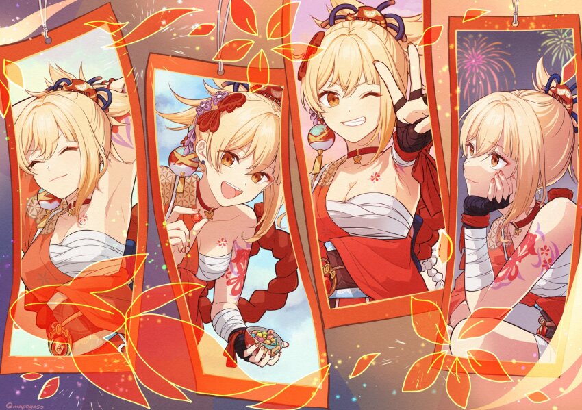 1girl arm_tattoo armpits bandaged_arm bandages black_gloves blonde_hair breasts candy chest_sarashi chest_tattoo choker cleavage closed_eyes closed_mouth earrings fingerless_gloves fireworks food genshin_impact gloves grin hair_ornament hand_on_own_chin highres holding holding_candy holding_food japanese_clothes jewelry kimono looking_at_viewer mapogeso medium_breasts multiple_views nail_polish one_eye_closed open_mouth orange_eyes orange_kimono orange_nails ponytail red_choker sarashi single_bare_shoulder single_fingerless_glove smile stud_earrings tattoo teeth v yoimiya_(genshin_impact)