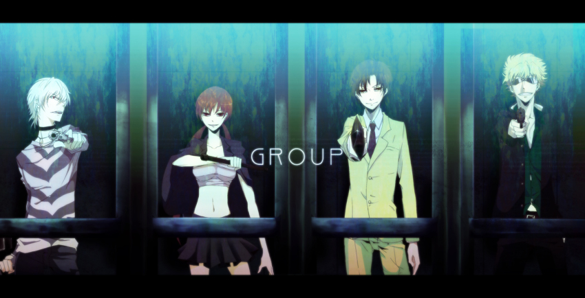 1girl 3boys accelerator_(toaru_majutsu_no_index) aiming aiming_at_viewer albino blonde_hair brown_hair choker etzali flashlight formal_clothes gun jacket jacket_on_shoulders knife letterboxed multiple_boys musujime_awaki red_eyes red_hair school_uniform shima_(caelum) shirt striped_clothes striped_shirt suggest924 suggestio9 sunglasses toaru_majutsu_no_index toaru_majutsu_no_index:_old_testament tsuchimikado_motoharu twintails unabara_mitsuki weapon