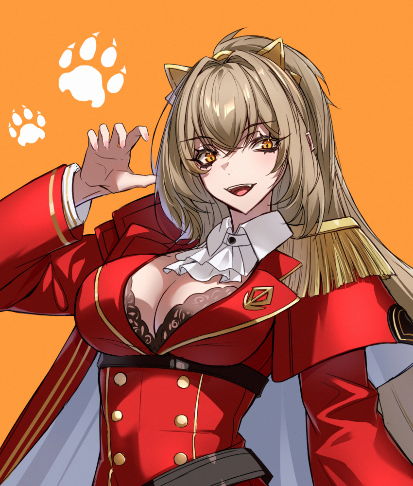 1girl animal_ears ascot azur_lane black_bra bra breasts brown_hair cape claw_pose cleavage epaulettes fake_animal_ears fang hand_up highres lace lace-trimmed_bra lace_trim large_breasts lion_(azur_lane) lion_ears long_hair looking_at_viewer military_uniform open_mouth orange_background orange_eyes ouka_(sakura_oinari) red_cape simple_background single_epaulette solo underwear upper_body white_ascot