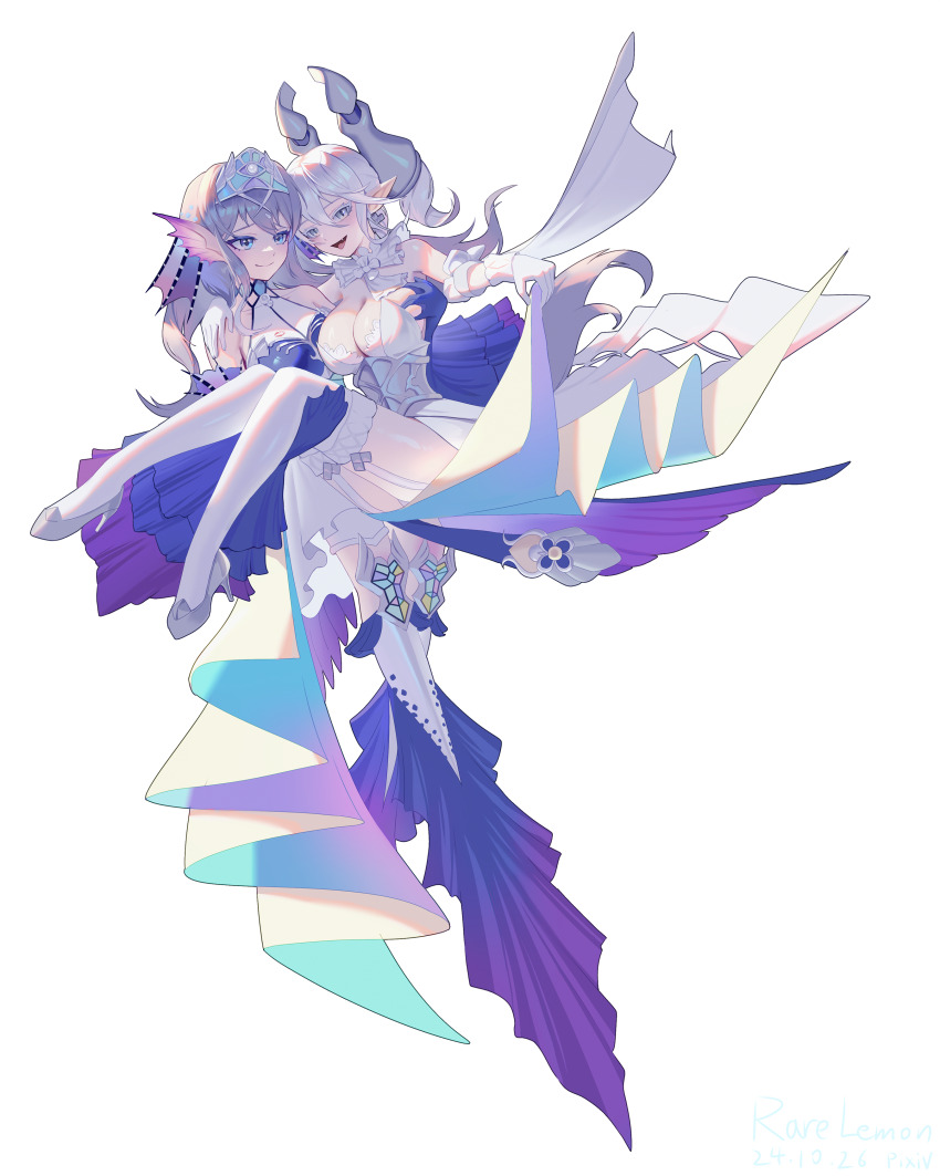 2girls absurdres armored_corset arms_around_neck blue_eyes breasts carrying carrying_person cleavage closed_mouth commentary_request demon_girl demon_horns demon_wings detached_sleeves diadem dress duel_monster fins fish_girl full_body garter_straps gem gloves grey_hair head_fins highres horns kitkallos_(yu-gi-oh!) large_breasts lipstick_mark long_hair lovely_labrynth_of_the_silver_castle multiple_girls one_eye_closed pearl_(gemstone) pointy_ears princess_carry rare_lemon simple_background smile tearlaments_kitkallos thighhighs tiara white_background white_thighhighs wings yu-gi-oh! yuri zettai_ryouiki