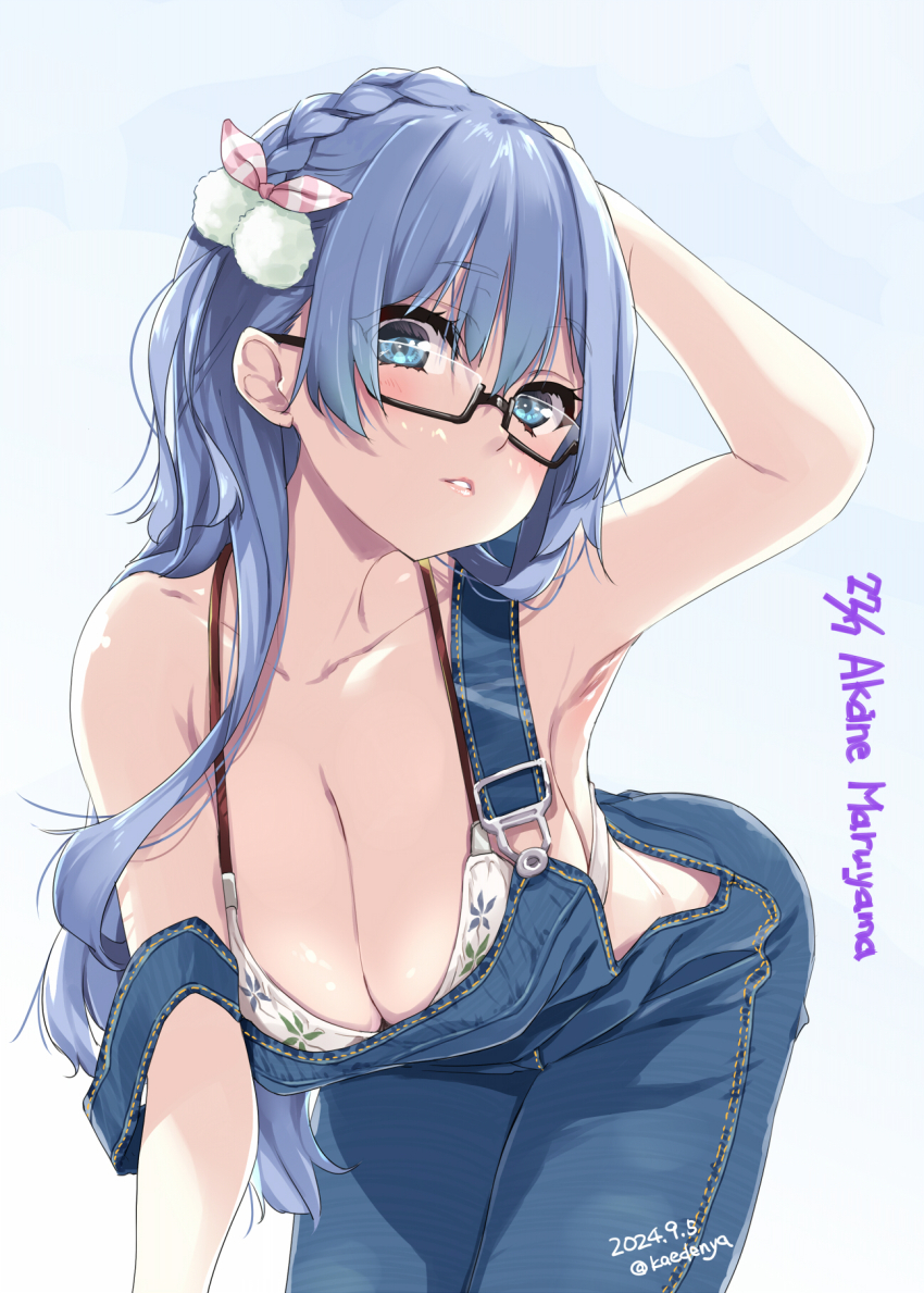 1girl 22/7 black-framed_eyewear blue_eyes blue_hair bow braid breasts cleavage denim_overalls downblouse glasses hair_ornament highres kisairo_kaede large_breasts light_blue_hair long_hair looking_at_viewer maruyama_akane rectangular_eyewear semi-rimless_eyewear single_braid solo under-rim_eyewear
