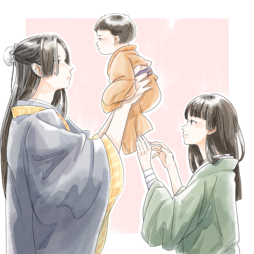 1boy 1girl anisatoshii black_hair bun_cover child chinese_clothes highres jinshi_(kusuriya_no_hitorigoto) kusuriya_no_hitorigoto long_hair maomao_(kusuriya_no_hitorigoto) pink_background twitter_username wide_sleeves