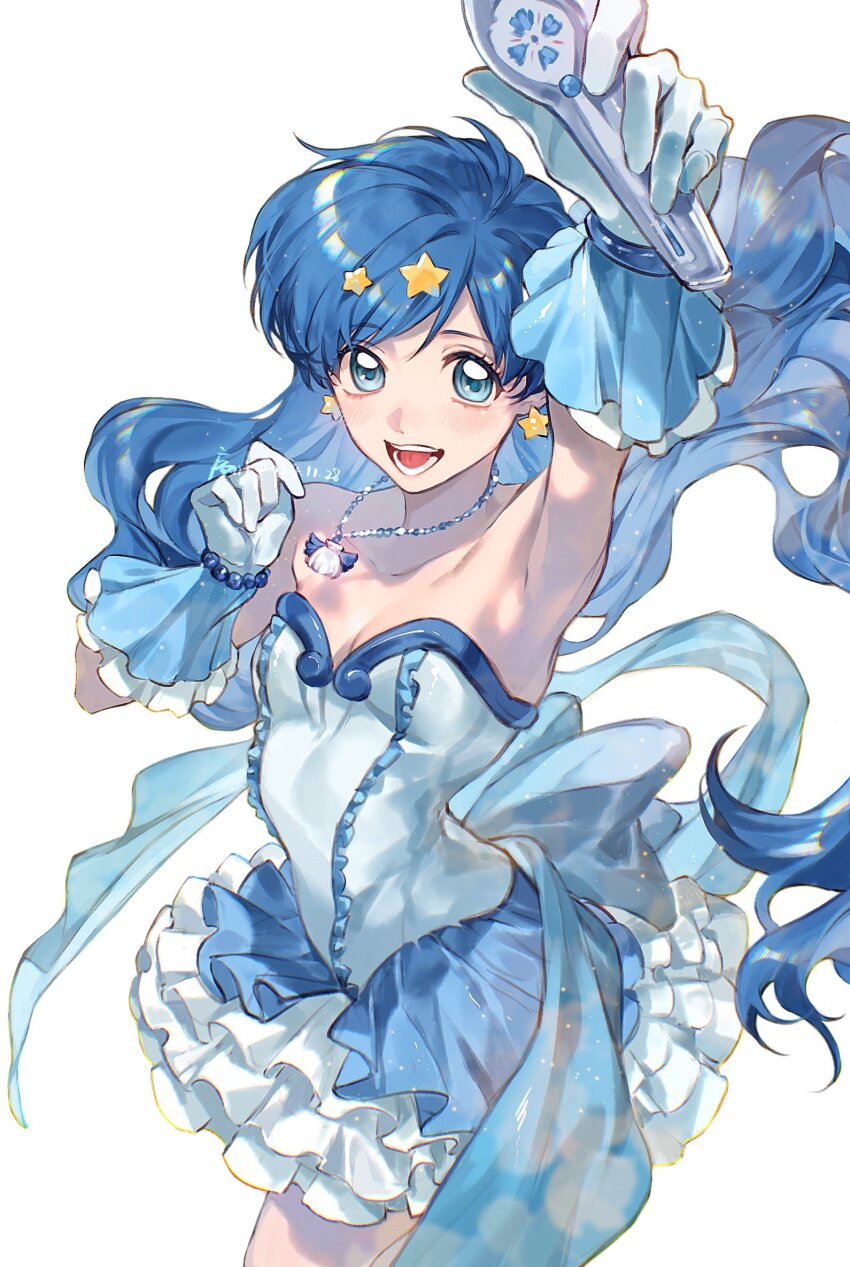1girl blue_dress blue_eyes blue_hair breasts commentary dress earrings frilled_dress frills gloves hair_ornament highres holding holding_microphone houshou_hanon houshou_hanon_(idol) jewelry long_hair looking_at_viewer mermaid_melody_pichi_pichi_pitch microphone necklace open_mouth shell shell_necklace short_dress simple_background small_breasts smile solo star_(symbol) star_earrings star_hair_ornament strapless strapless_dress symbol-only_commentary white_gloves xuchuan