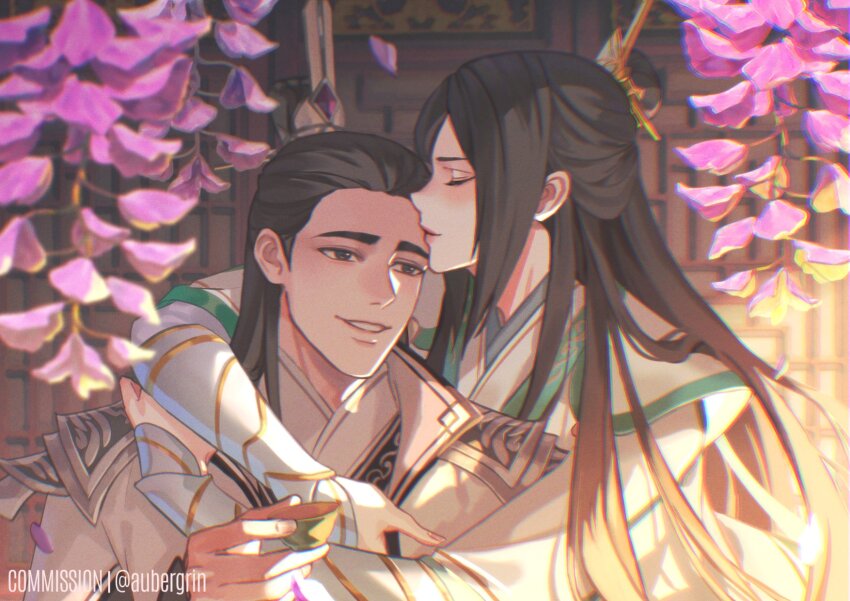 2boys androgynous arm_around_neck aubergrin black_hair chinese_clothes closed_mouth flower grin hair_bun hair_over_shoulder hanfu highres hug indoors kiss kissing_forehead lattice long_hair male_focus multiple_boys parted_bangs purple_flower renzha_fanpai_zijiu_xitong shen_jiu_(renzha_fanpai_zijiu_xitong) sidelocks smile teeth white_hanfu xiao_guan_(headdress) yue_qingyuan