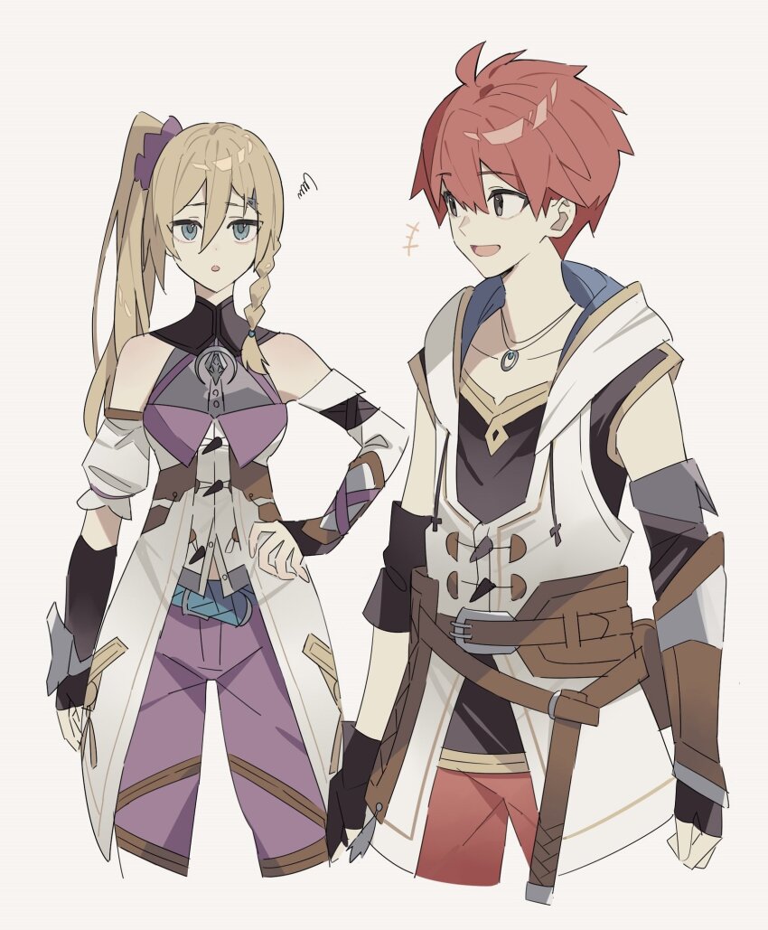 +++ 1boy 1girl adol_christin belt black_gloves blonde_hair blue_eyes commentary_request furrowed_brow george_man gloves grey_eyes hair_between_eyes hand_on_own_hip high_ponytail highres karja_balta long_hair open_mouth ponytail red_hair simple_background smile squiggle standing white_background ys ys_x:_nordics