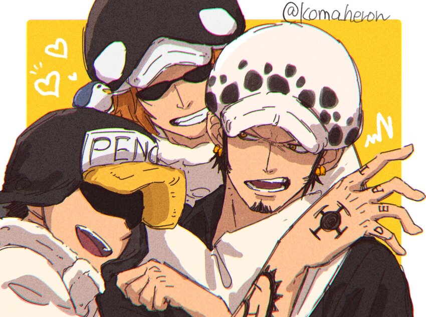 3boys animal animal_on_head arm_tattoo artist_name bird bird_on_head black_hair black_hat black_shirt border brown_hair chromatic_aberration collared_shirt commentary earrings facial_hair finger_tattoo fur_hat goatee gold_earrings grin hand_tattoo hand_up hat heart highres hug jewelry koma_heron long_sleeves looking_at_another male_focus multiple_boys on_head one_piece open_mouth outside_border penguin_(one_piece) shachi_(one_piece) shirt short_hair sideburns smile squiggle sunglasses symbol-only_commentary tattoo teeth trafalgar_law twitter_username upper_body v-shaped_eyebrows white_border white_hat yellow_background yellow_eyes