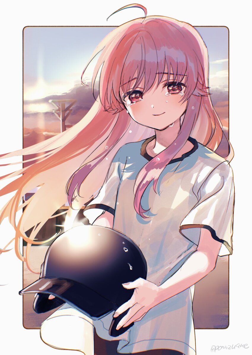 1girl ahoge amezawa_koma angel_beats! baseball_helmet border closed_mouth commentary_request gym_uniform helmet highres holding holding_helmet long_hair looking_at_viewer outside_border pink_eyes pink_hair shirt smile solo tears upper_body white_border white_shirt yui_(angel_beats!)