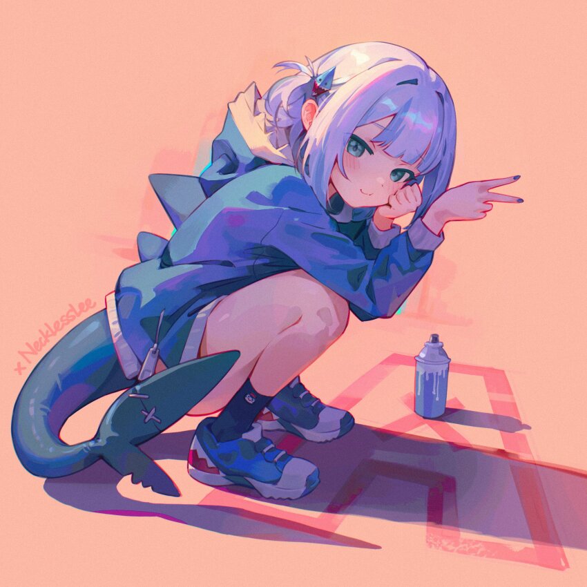1girl a_(phrase) absurdres blue_hair blue_hoodie blue_nails blue_shorts closed_mouth fins fish_tail gawr_gura gawr_gura_(1st_costume) grey_hair hair_ornament head_rest highres hololive hololive_english hood hoodie looking_at_viewer medium_hair multicolored_hair nail_polish necklesslee shark_girl shark_hair_ornament shark_tail shorts smile solo spray_can streaked_hair tail two_side_up v virtual_youtuber
