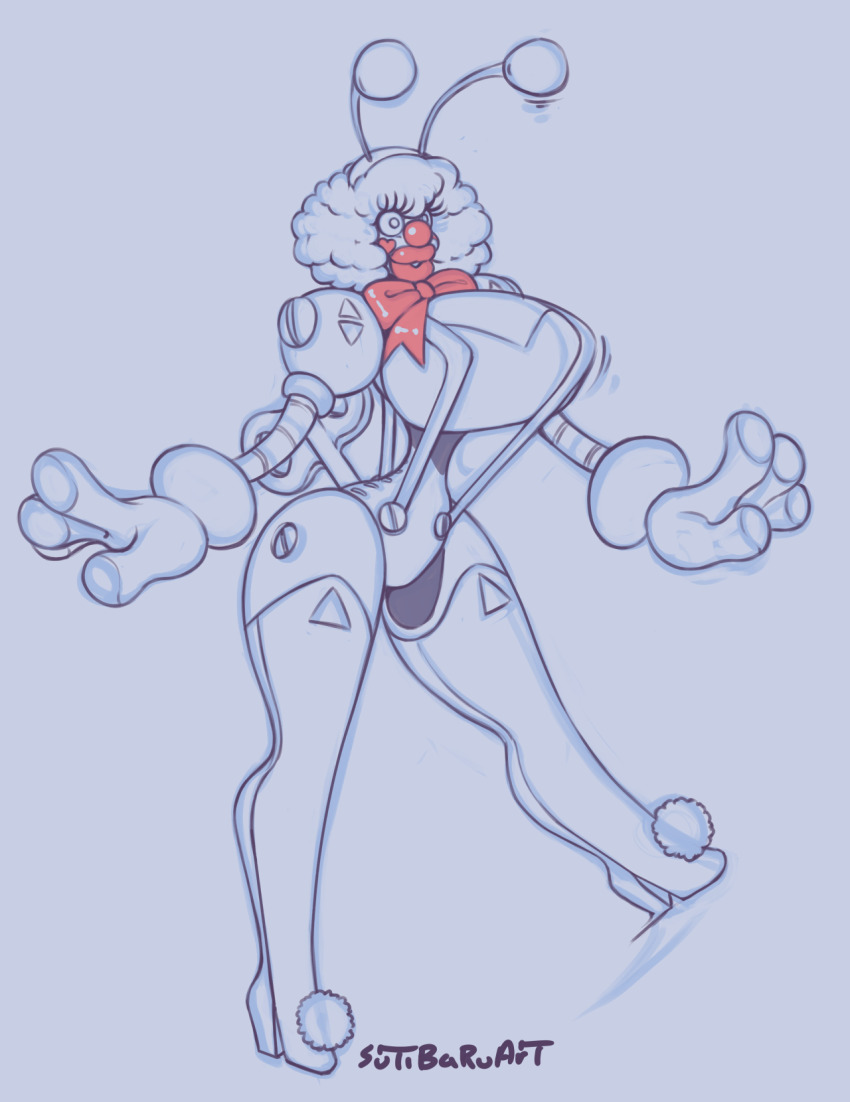 1girl aigis_(persona) bimbofication blonde_hair blue_eyes bow breasts clown confused doll dollification eyelashes female_focus gynoid high_heels highres huge_lips inanimate_object large_breasts leotard lips lipstick machine makeup persona persona_3 ribbon robot robot_girl solo standing sutibaru thick_lips thick_thighs thighhighs thighs transformation transformation_(object) wind_up