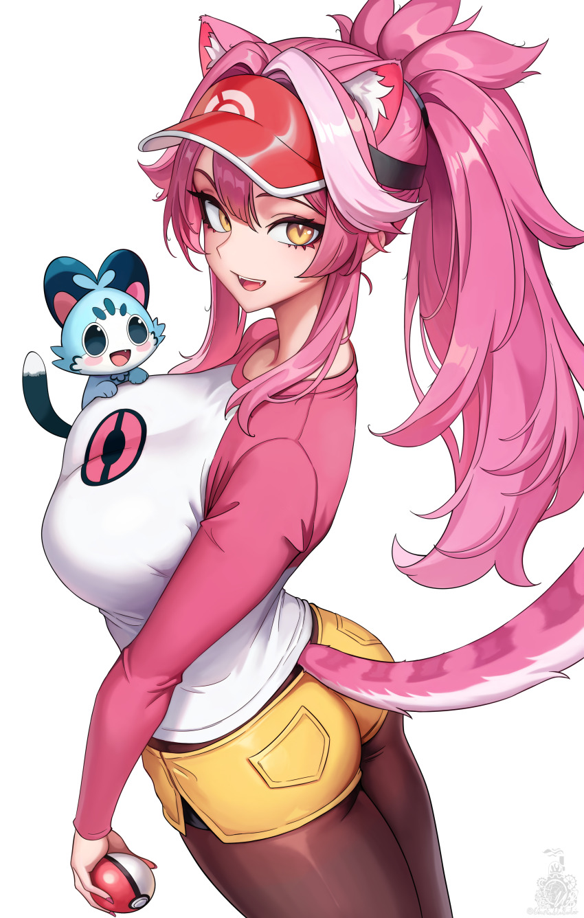 1girl :d absurdres animal_ears black_pantyhose breasts center-flap_bangs chattino_(raora_panthera) commentary cosplay double-parted_bangs english_commentary extra_ears fangs highres holding holding_poke_ball hololive hololive_english large_breasts long_hair multicolored_hair nintendo open_mouth panther_ears panther_girl panther_tail pantyhose pink_hair pink_sleeves poke_ball pokemon pokemon_bw2 ponytail raglan_sleeves raora_panthera red_visor rosa_(pokemon) rosa_(pokemon)_(cosplay) shirt short_shorts shorts sidelocks simple_background smile solo streaked_hair tail tail_under_clothes teeth unstableboiler upper_teeth_only virtual_youtuber visor_cap white_background white_shirt white_streaks yellow_eyes yellow_shorts