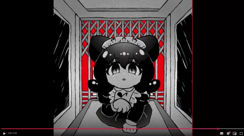 1girl animal_ears apron cevio chikyuu_no_ura_(cevio) colored_skin elevator expressionless fake_screenshot hair_between_eyes headdress highres indoors iyowa_girls long_sleeves looking_at_viewer maid maid_apron maid_headdress medium_hair musical_note on_table open_mouth paw_pose pov puffy_sleeves solo table thatartistann triangle_mouth ura_(iyowa) white_apron white_headdress white_skin window youtube