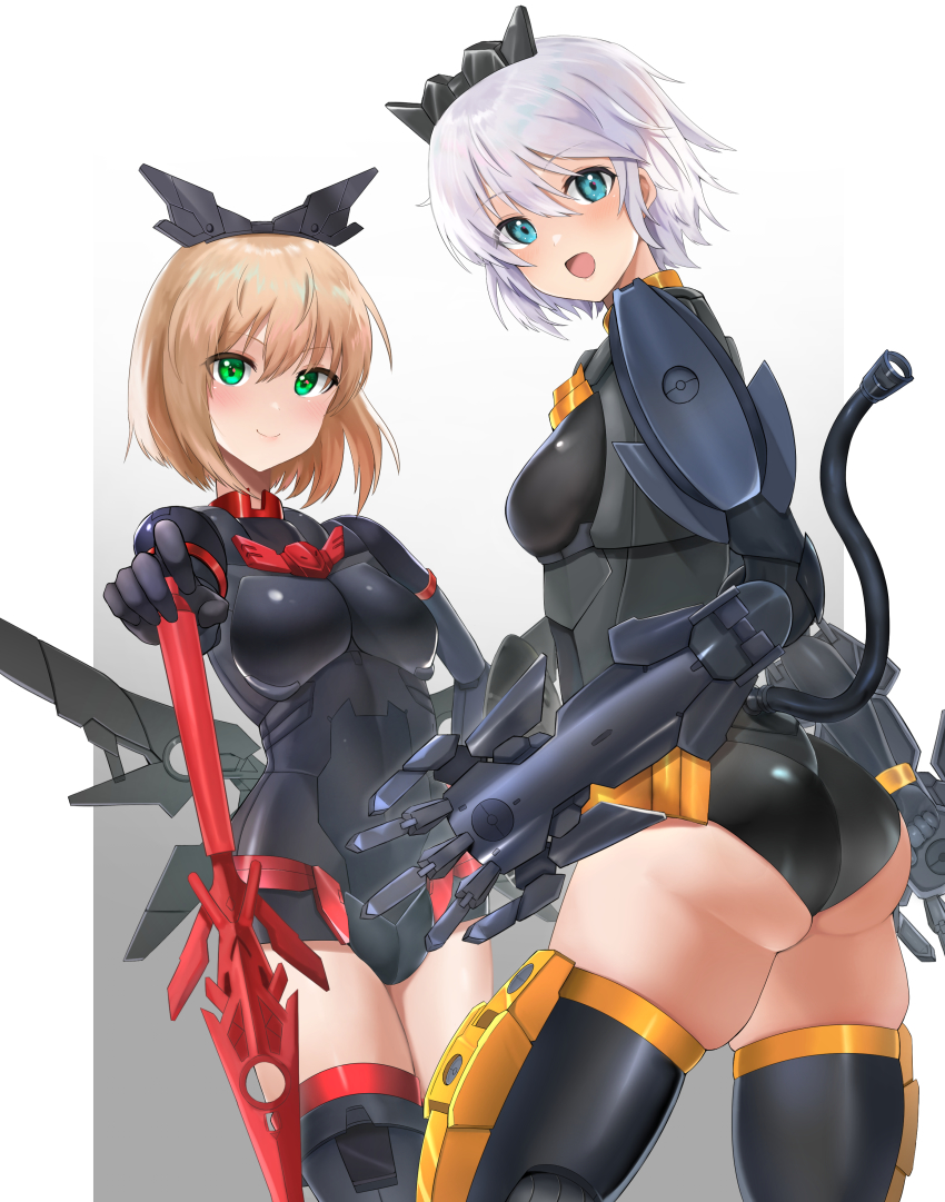 2girls 30_minutes_sisters absurdres ass black_footwear black_gloves black_leotard blonde_hair blue_eyes blush boots breasts cable cable_tail clenched_hand covered_navel doll_joints gloves gradient_background green_eyes grey_hair hair_behind_ear hand_on_hilt highres joints leotard looking_at_viewer looking_back low_wings mechanical_tail mechanical_wings medium_breasts multiple_girls open_hand open_mouth rishetta_(30ms) shield short_hair skindentation small_breasts smile sword tail thigh_boots tiasha_(30ms) tirano_rinko weapon wings