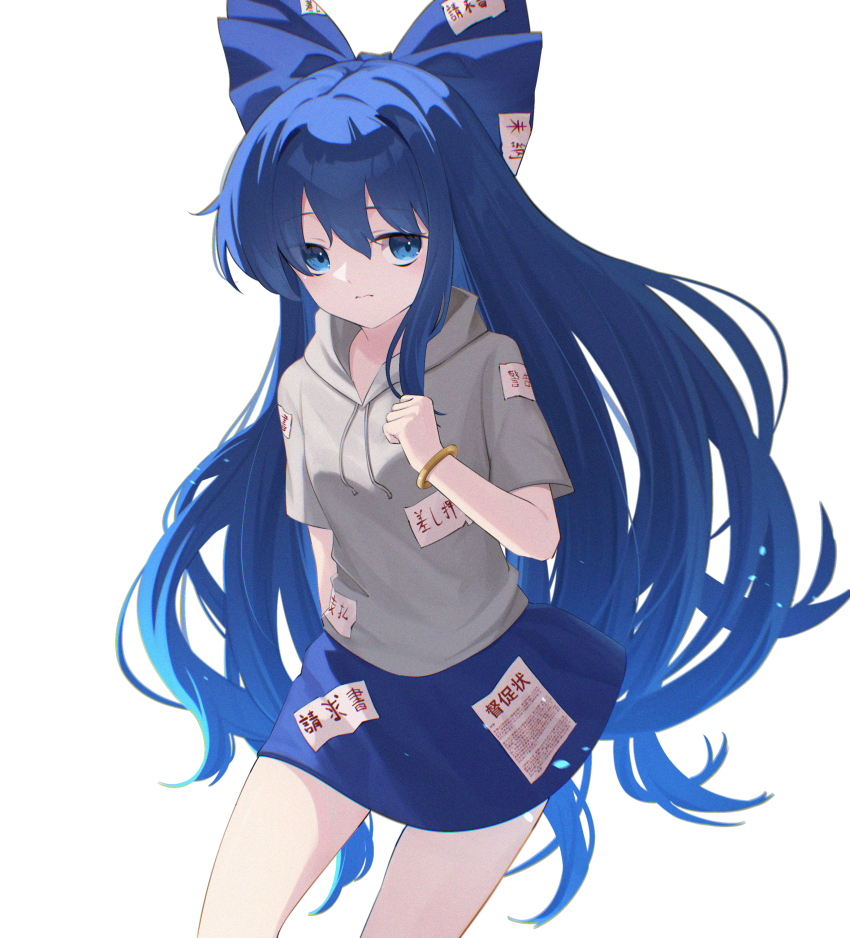1girl absurdres bangle blue_eyes blue_hair blue_skirt bow bracelet closed_mouth commentary_request cowboy_shot drawstring expressionless grey_hoodie hair_between_eyes hair_bow highres hood hood_down hoodie jewelry long_hair looking_at_viewer oeyama ofuda ofuda_on_clothes short_sleeves simple_background skirt solo touhou very_long_hair white_background yorigami_shion