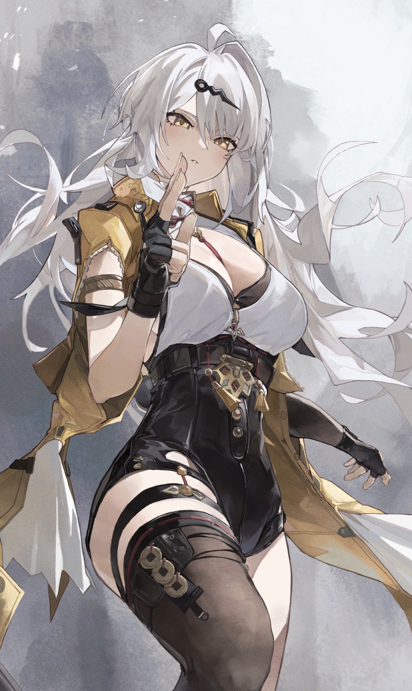 1girl absurdres asymmetrical_gloves black_gloves black_shorts breasts commentary elbow_gloves fingerless_gloves gloves hair_ornament hairclip high-waist_shorts highres jacket large_breasts long_hair looking_at_viewer megu_(jim48834420) parted_lips shorts single_elbow_glove single_thighhigh solo thighhighs white_hair yellow_eyes yellow_jacket yi_xuan_(zenless_zone_zero) zenless_zone_zero