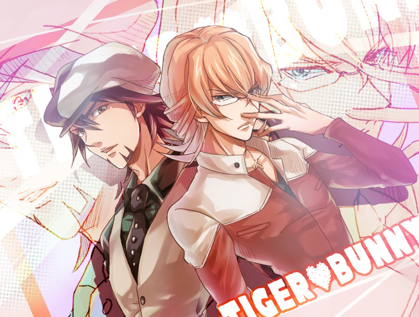 10s 2boys adjusting_eyewear bad_id bad_pixiv_id barnaby_brooks_jr. blonde_hair brown_eyes brown_hair newsboy_cap cm10th facial_hair glasses green_eyes hat jacket jewelry kaburagi_t._kotetsu male_focus multiple_boys necklace necktie red_jacket short_hair stubble tiger_&amp;_bunny v-neck vest waistcoat zoom_layer