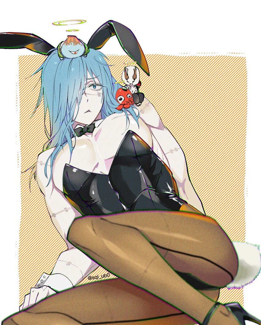 1boy 3others :&lt; animal_ears arm_support artist_name black_bow black_bowtie black_footwear black_leotard black_pants blue_eyes blue_hair blue_skin blurry body_markings border bow bowtie brown_pantyhose chibi chibi_on_head chibi_on_shoulder collar colored_skin crying crying_with_eyes_open cuff_links dagon_(jujutsu_kaisen) depth_of_field detached_collar diagonal_stripes drawn_halo eyebrows_hidden_by_hair eyelashes fake_animal_ears fake_tail feet_out_of_frame furrowed_brow grabbing_another&#039;s_hair hair_over_one_eye halo hanami_(jujutsu_kaisen) hand_on_another&#039;s_head headpat high_heels highres jitome jogo_(jujutsu_kaisen) jujutsu_kaisen latex latex_leotard leotard light_blue_hair long_bangs long_hair looking_at_another lying lying_on_person mahito_(jujutsu_kaisen) male_focus male_playboy_bunny multiple_others on_head on_shoulder on_stomach one_eye_covered open_mouth orange_background outside_border pants pantyhose pectoral_cleavage pectorals person_on_head person_on_shoulder rabbit_ears rabbit_tail red_eyes sanpaku see-through_clothes see-through_legwear shiny_clothes sidelocks sidepec sitting sitting_on_person sitting_on_shoulder sqi_ub0 stiletto_heels stitched_arm stitched_face stitched_leg stitches strapless strapless_leotard strappy_heels striped_background striped_clothes striped_pantyhose sulking tail tareme teardrop tears triangle_mouth twitter_username vertical-striped_clothes vertical-striped_pantyhose white_border white_collar white_wrist_cuffs wing_collar wrist_cuffs yokozuwari
