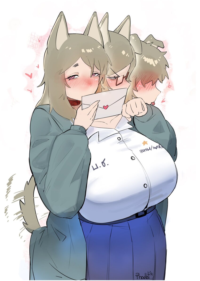 animal_ears blush cerberus collared_shirt conjoined dog_ears dog_girl droopy_ears glasses heart highres letter looking_at_viewer love_letter maikamiaka multiple_heads original red-framed_eyewear semi-rimless_eyewear shirt short_hair skirt tail tail_wagging