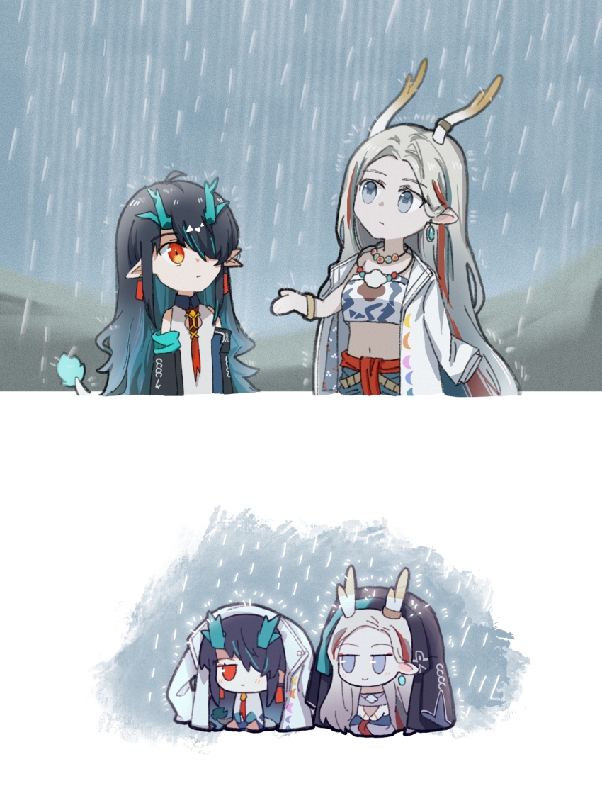 2girls a_deer_of_nine_colors arknights bare_shoulders black_hair blue_hair chibi closed_mouth dress dusk_(arknights) earrings forehead grey_eyes grey_hair hair_over_one_eye highres improvised_umbrella jacket jacket_on_shoulders jewelry long_hair multicolored_hair multiple_girls navel nine-colored_deer parted_bangs rain red_eyes red_hair sitting sleeveless sleeveless_dress streaked_hair very_long_hair white_dress white_jacket yu_kaoxiang