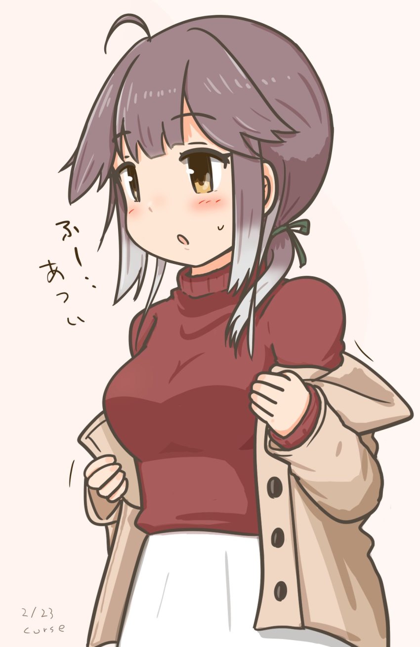 1girl :o ahoge alternate_costume artist_name blush breasts commentary curse_(023) dated female_focus hayanami_(kancolle) hayanami_(valentine)_(kancolle) highres jacket kantai_collection medium_breasts open_clothes open_jacket ponytail purple_hair red_sweater short_ponytail sidelocks simple_background skirt solo sweatdrop sweater translated white_background white_skirt yellow_eyes