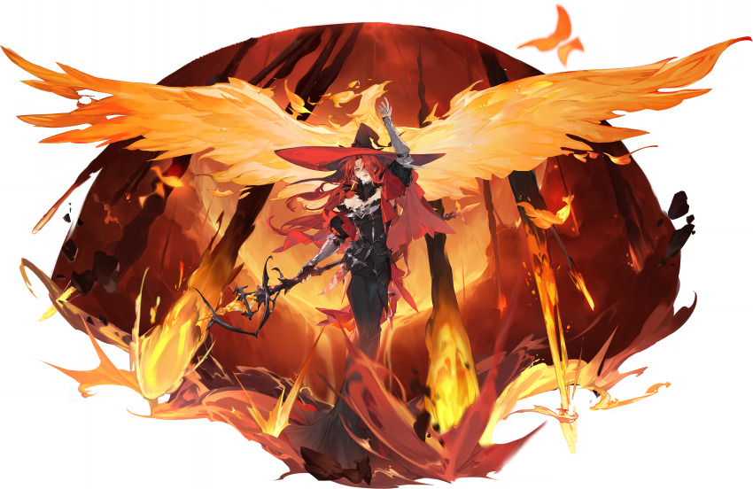 1girl absurdres arm_up bird black_dress border dress feathers fireball game_cg gloves hair_over_one_eye hat highres holding holding_staff light_smile long_hair luvata_(sword_of_convallaria) mage_staff non-web_source off-shoulder_dress off_shoulder official_art parted_lips red_eyes red_hair single_glove solo staff sword_of_convallaria transparent_border witch_hat