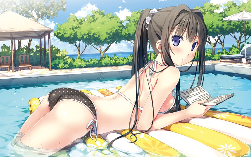 1girl :o alternate_hairstyle arm_support ass ayase_sayuki beach_umbrella bikini black_bikini black_hair blue_eyes blush book breast_press bush chair cloud cube day female_focus gazebo hair_intakes halterneck highres inflatable_raft kantoku long_hair looking_at_viewer looking_back lounge_chair lying non-web_source on_stomach parted_lips polka_dot polka_dot_bikini polka_dot_swimsuit ponytail pool scrunchie side-tie_bikini_bottom sky solo strap_gap string_bikini swimsuit tree umbrella water wet your_diary