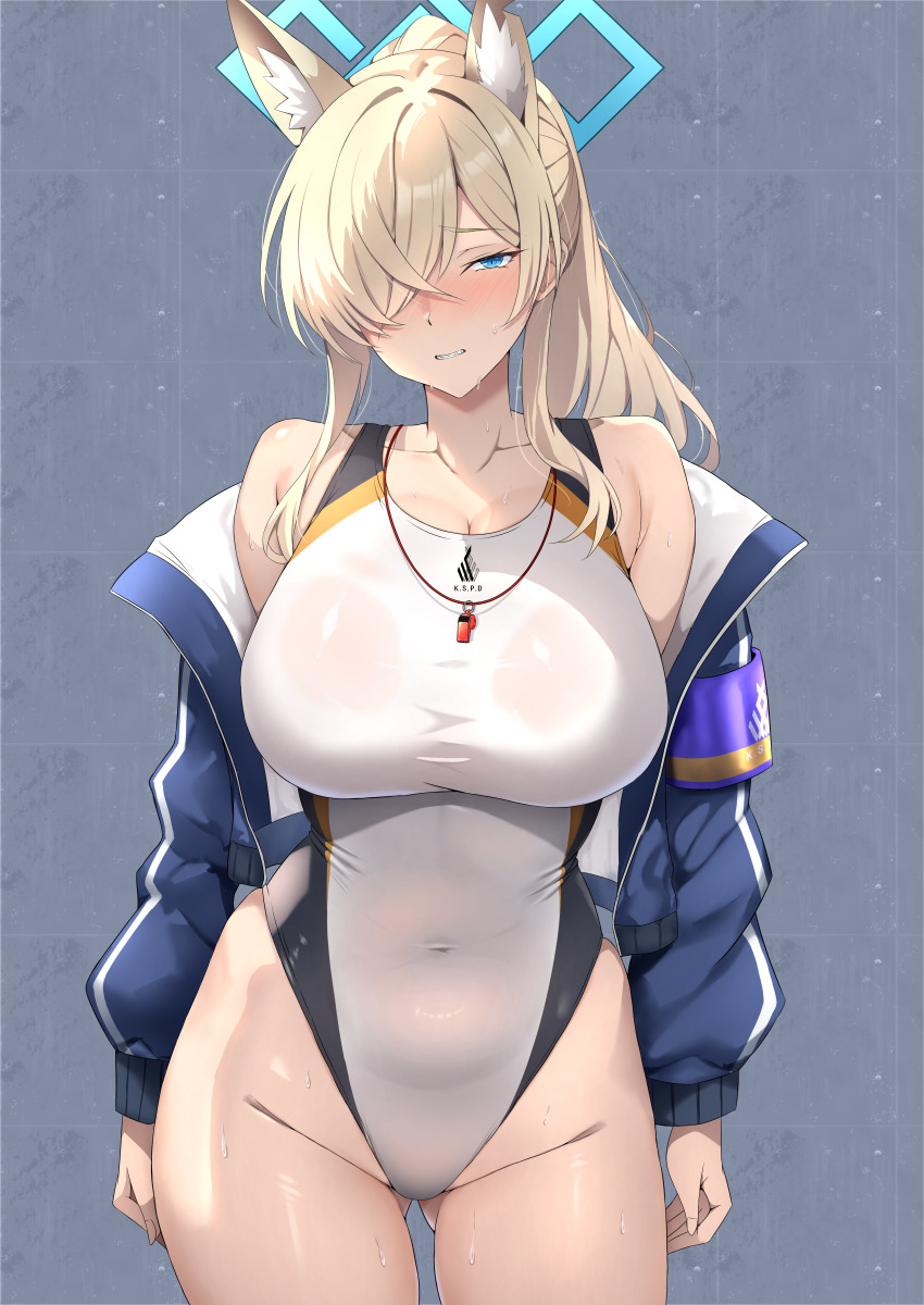 1girl absurdres animal_ear_fluff animal_ears armband blonde_hair blue_archive blue_eyes blue_halo blue_jacket breasts competition_swimsuit covered_navel dog_ears dog_girl extra_ears gluteal_fold hair_over_one_eye halo highleg highleg_one-piece_swimsuit highres jacket kanna_(blue_archive) kanna_(swimsuit)_(blue_archive) large_breasts long_hair looking_at_viewer notched_ear official_alternate_costume one-piece_swimsuit ponytail purple_armband ranhatu solo swimsuit white_one-piece_swimsuit