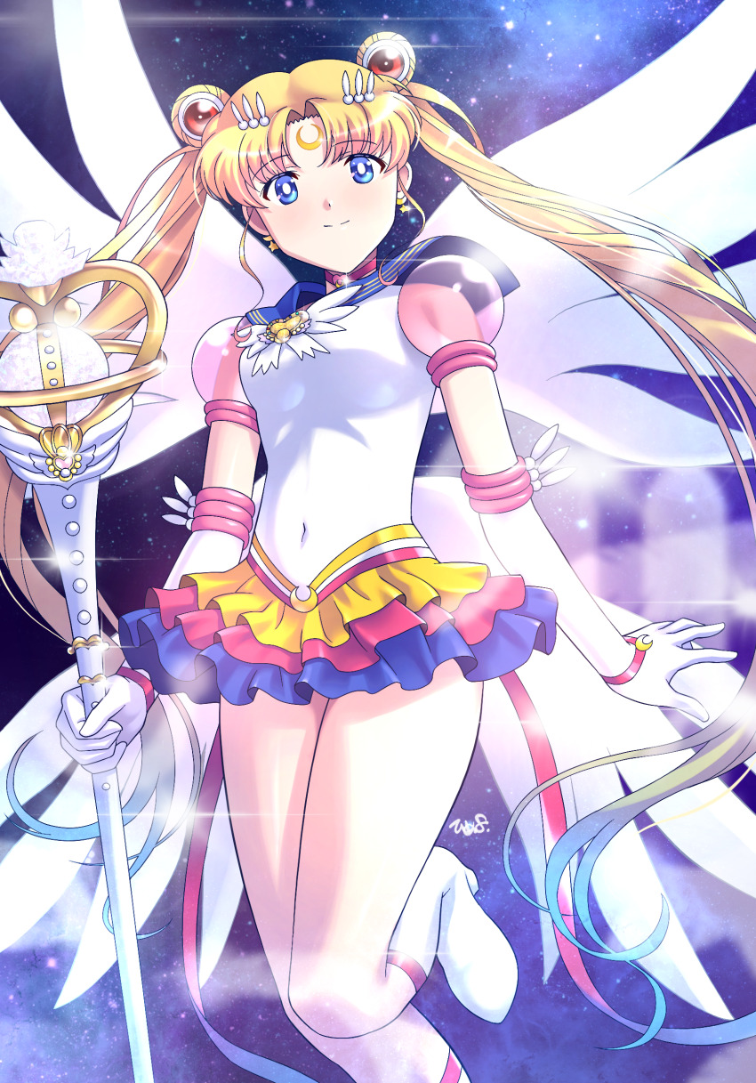 1girl bishoujo_senshi_sailor_moon blonde_hair blue_eyes blue_skirt boots breasts bright_pupils brooch choker closed_mouth covered_navel crescent crescent_choker crescent_earrings double_bun earrings elbow_gloves eternal_moon_article eternal_sailor_moon eternal_tiare facial_mark forehead_mark gloves hair_bun heart heart_brooch heart_choker highres himehachi_(hime8manga) holding holding_staff jewelry leg_up long_hair magical_girl medium_breasts multicolored_skirt pink_skirt red_choker sailor_moon sailor_senshi_uniform shirt skirt smile solo space staff star_(sky) star_(symbol) star_earrings tsukino_usagi twintails very_long_hair white_boots white_gloves white_pupils white_shirt white_wings wing_brooch wings yellow_brooch yellow_skirt