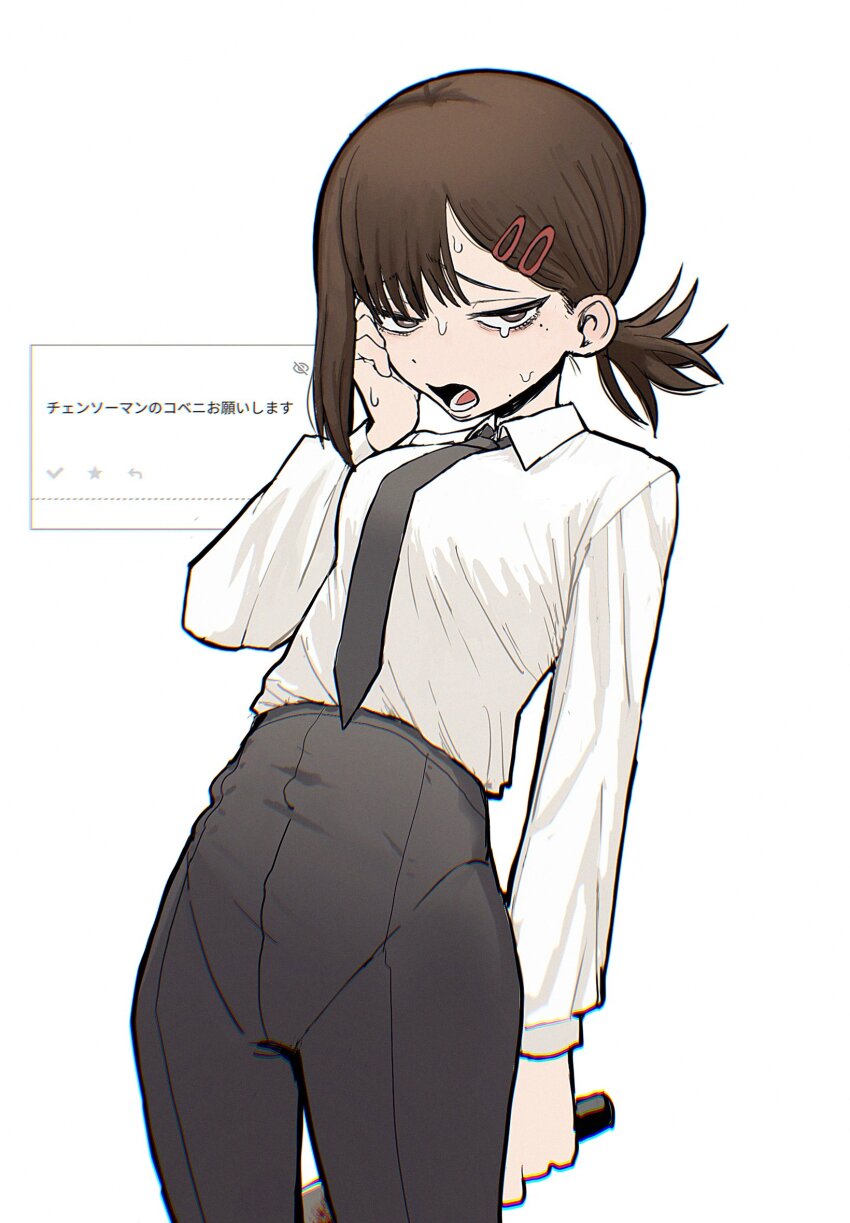 1girl black_necktie black_pants brown_hair chainsaw_man collared_shirt commentary_request higashiyama_kobeni highres holding long_hair looking_at_viewer necktie open_mouth pants shirt simple_background solo sweat tate_ware_anal translated white_background white_shirt