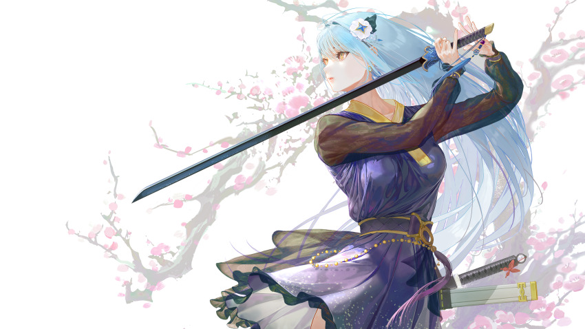 1girl absurdres biryu_soso blue_hair hair_ornament hairpin highres korean_clothes long_hair non-web_source original see-through_clothes see-through_sleeves yellow_eyes