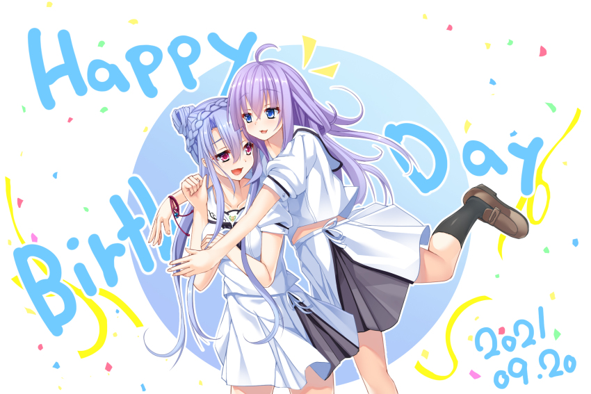 2021 2girls :3 :d ahoge ascot black_ascot black_socks blue_eyes blue_hair braid brown_shoes commentary_request confetti cowboy_shot crown_braid dated eyes_visible_through_hair floating_hair hair_between_eyes hair_bun hand_up happy happy_birthday highres hug hug_from_behind kneehighs loafers long_hair looking_at_another miniskirt multiple_girls notice_lines open_mouth outline puffy_short_sleeves puffy_sleeves purple_hair red_eyes sailor_collar school_uniform serafuku shirt shoes shootinghaze short_sleeves siblings simple_background single_hair_bun sisters skirt smile socks sorakado_ai sorakado_ao standing standing_on_one_leg summer_pockets summer_pockets_school_uniform twins very_long_hair white_background white_outline white_sailor_collar white_serafuku white_shirt white_skirt