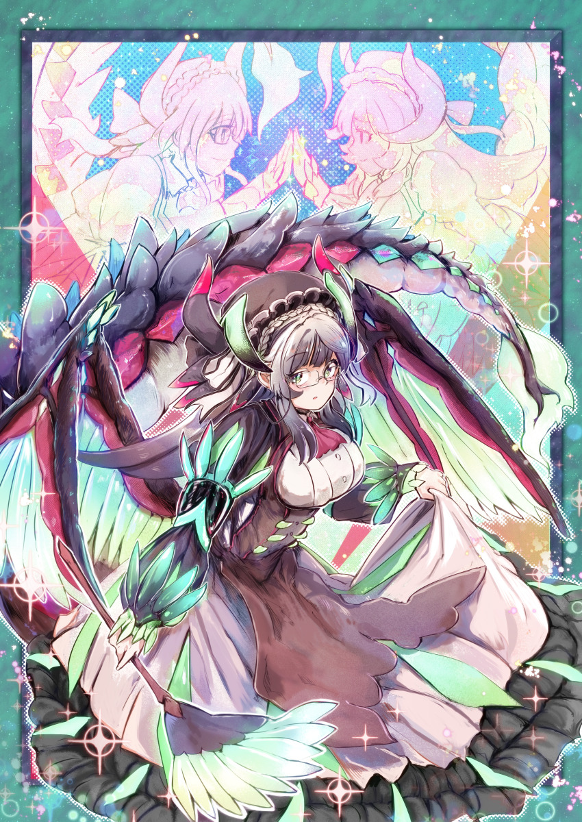 3girls absurdres apron ascot blush braid breasts chamber_dragonmaid closed_mouth commission dragon_girl dragon_horns dragon_tail dragon_wings duel_monster duster feathered_wings feathers fusion gattai glasses green_eyes grey_hair highres holding holding_duster horns house_dragonmaid icarus_(2010741) large_breasts long_sleeves looking_at_another looking_at_viewer maid maid_apron maid_headdress multiple_girls open_mouth pixiv_commission polymerization red_ascot smile solo_focus tail white_apron wings yu-gi-oh!