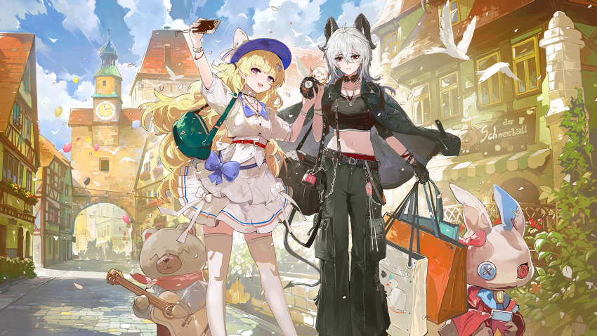 1girl 2girls alchemaniac alternate_costume bag balloon black_gloves black_horns black_jacket black_pants black_shirt blonde_hair blue_sky breasts cellphone commentary curled_horns day earrings gloves green_bag hair_between_eyes hair_ornament highres holding holding_bag holding_phone horns jacket jacket_on_shoulders jewelry large_breasts long_hair medium_breasts midriff multiple_girls navel open_mouth outdoors pants phoebe_(wuthering_waves) phone purple_eyes red_eyes selfie shirt shopping_bag shoulder_bag skirt sky smartphone smile tacet_discord_(wuthering_waves) thighhighs white_shirt white_skirt white_thighhighs wuthering_waves x_hair_ornament zani_(wuthering_waves) zettai_ryouiki