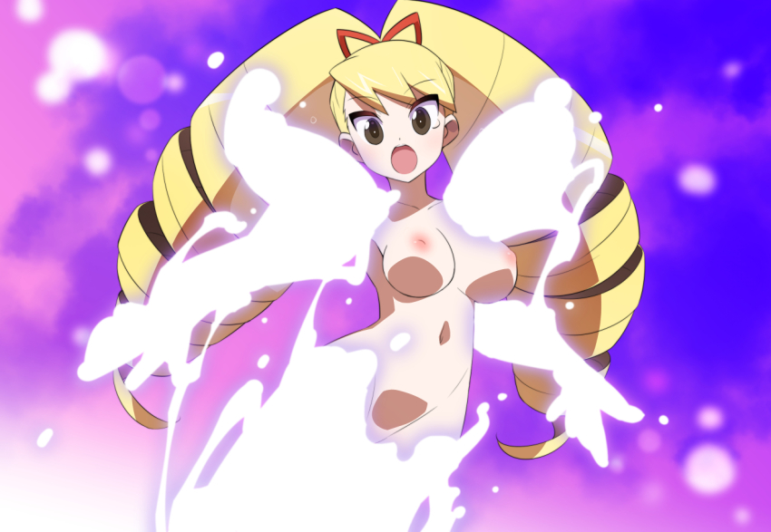 1girl blonde_hair bow breasts completely_nude em_wave_change_(mega_man) glowing hair_bow henshin kaidou_zx long_hair luna_platz_(mega_man) mega_man_(series) mega_man_star_force_(series) navel nipples no_pussy nude open_mouth red_bow surprised variant_set very_long_hair