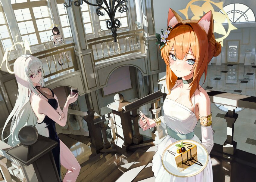 3girls absurdres animal_ear_fluff animal_ears architecture banister bare_shoulders black_dress black_hair blue_archive blue_eyes blush breasts cake chair chandelier cleavage closed_eyes commentary crossed_bangs cup dessert detached_sleeves door doorway dress english_commentary evening_gown flower food hair_bun hair_flower hair_ornament hair_over_one_eye hallo_(rltkdydrltk) halo halterneck highres hinata_(blue_archive) holding holding_cup holding_own_arm holding_plate holding_spoon indoors lace large_breasts long_hair looking_at_viewer mari_(blue_archive) medium_breasts mixed-language_commentary multiple_girls orange_hair pink_eyes plate sakurako_(blue_archive) see-through_clothes sitting smile spoon stairs stairwell table tile_floor tiles white_dress white_hair white_halo window winged_halo yellow_halo