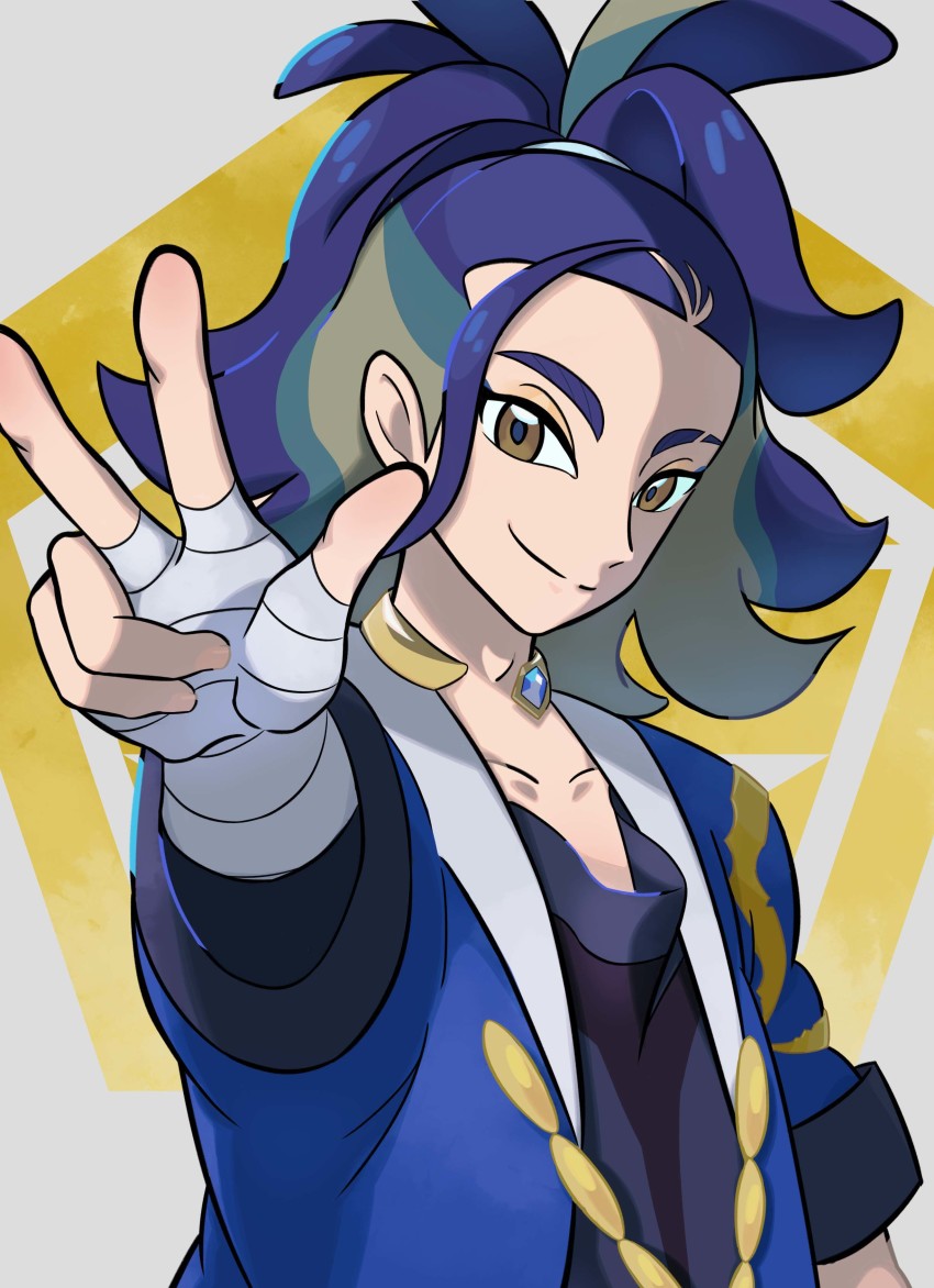 1boy absurdres adaman_(pokemon) blue_coat brown_eyes closed_mouth coat collarbone commentary_request eyebrow_cut green_hair hand_up highres long_hair looking_at_viewer male_focus multicolored_hair nintendo nori_(hgdm2784) pokemon pokemon_legends:_arceus ponytail smile solo split_mouth upper_body w