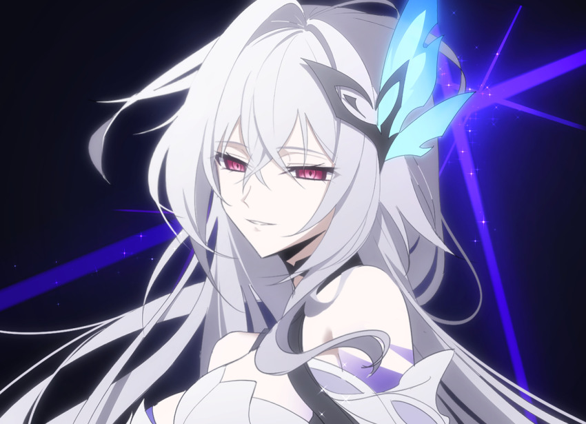 1girl annlin bare_shoulders butterfly_hair_ornament genshin_impact grey_hair hair_between_eyes hair_ornament long_hair looking_at_viewer pink_eyes skirk_(genshin_impact) smile solo upper_body