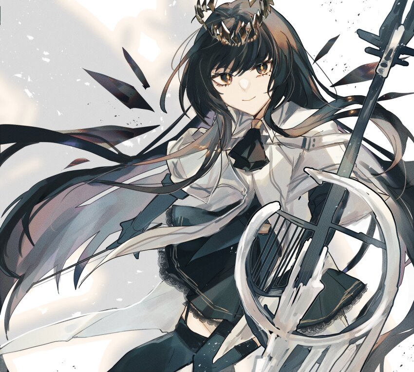 1girl arknights ascot black_ascot black_garter_straps black_gloves black_hair black_halo black_skirt black_thighhighs black_wings cello commentary crystal_wings detached_wings elf fumi_(rdbm) garter_straps gloves halo highres holding holding_instrument instrument long_hair looking_at_viewer pleated_skirt pointy_ears shirt skirt smile solo thighhighs very_long_hair virtuosa_(arknights) white_shirt wings