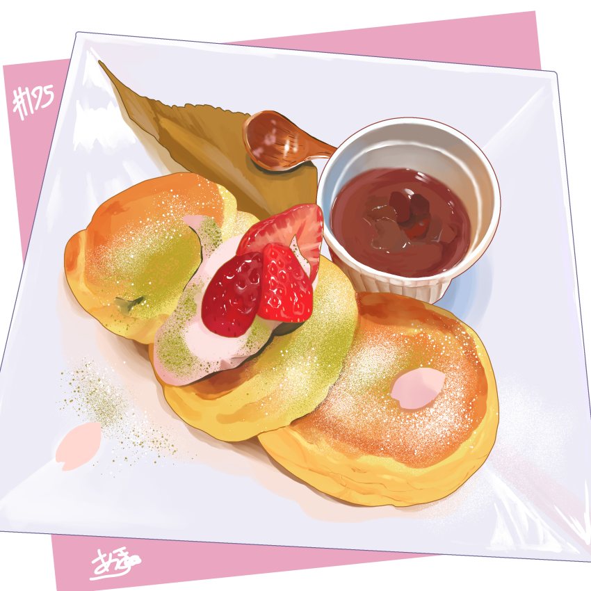absurdres artist_name cream food food_focus fruit highres no_humans original pancake plate souffle_pancake spoon strawberry granulated_sugar takisou_sou wooden_spoon