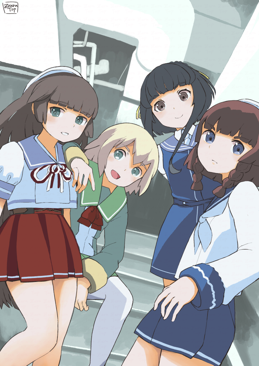 4girls alternate_hair_color black_hair blonde_hair blue_dress blue_eyes blue_sailor_collar blue_skirt braid brown_eyes brown_hair commentary_request dress etorofu_(kancolle) gradient_background green_eyes green_jacket green_sailor_collar grey_sailor_collar hat highres jacket kantai_collection long_hair mikura_(kancolle) multiple_girls pantyhose pleated_skirt red_skirt sailor_collar sailor_hat school_uniform serafuku shimushu_(kancolle) shirt short_hair side_braids skirt stairs toplow trait_connection ukuru_(kancolle) white_hat white_pantyhose white_shirt
