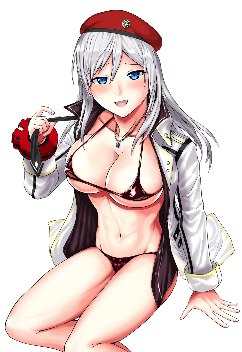 1girl absurdres alisa_ilinichina_amiella arm_support beret bikini blue_eyes blush bracelet breasts collarbone comiket_95 commentary_request feet_out_of_frame god_eater god_eater_2:_rage_burst god_eater_burst grey_hair hair_between_eyes hat highres jacket jewelry large_breasts lithiumia long_hair long_sleeves looking_at_viewer micro_bikini navel necklace open_clothes open_jacket open_mouth red_bikini red_hat simple_background sitting smile solo stomach swimsuit thighs white_background white_jacket
