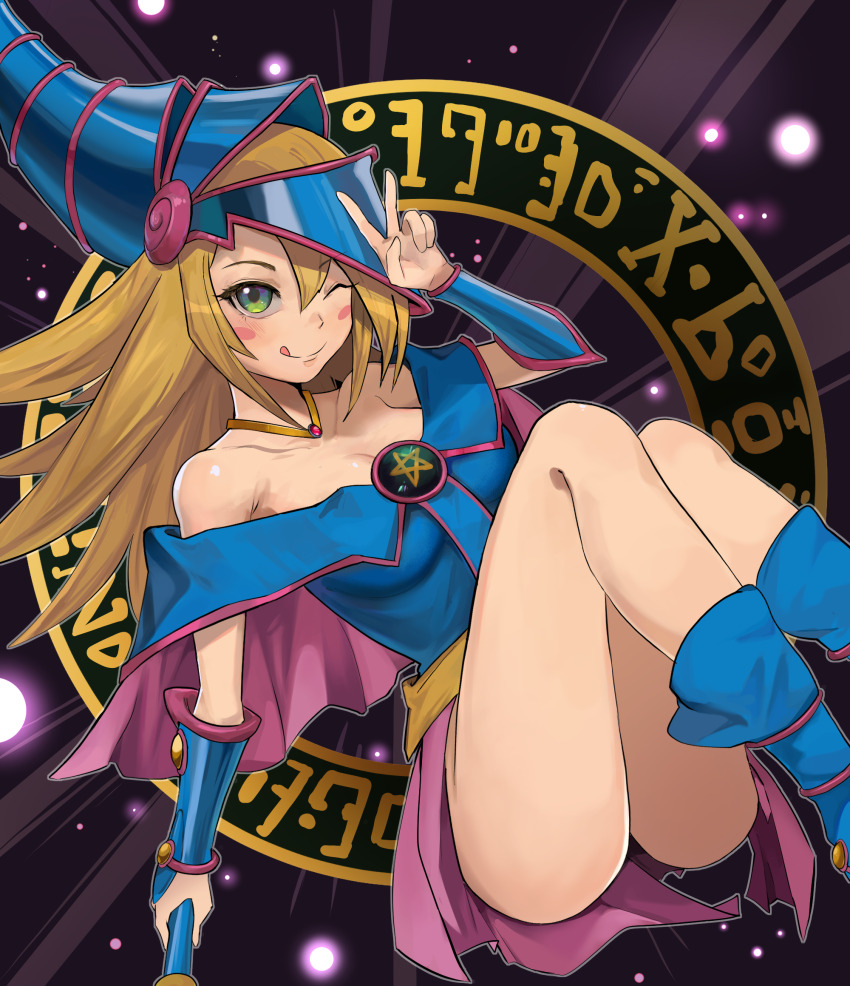 1girl blonde_hair blue_boots blush boots breasts cane cleavage closed_mouth collarbone commentary_request dark_magician_girl duel_monster green_eyes hair_between_eyes hat highres holding holding_cane jewelry korean_commentary long_hair medium_breasts nbee_ya necklace one_eye_closed solo thighs tongue tongue_out v witch witch_hat wristband yu-gi-oh!