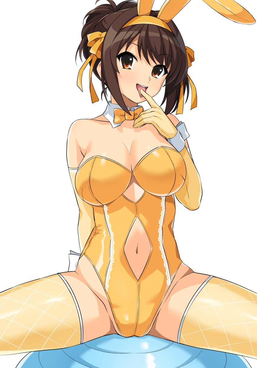 1girl absurdres animal_ear_hairband animal_ears ball bow bowtie breasts brown_eyes brown_hair cleavage clothing_cutout collarbone detached_collar exercise_ball fake_animal_ears gloves groin hairband haruhisky highres large_breasts leotard navel navel_cutout open_mouth partially_visible_vulva playboy_bunny rabbit_ear_hairband rabbit_ears simple_background sitting solo suzumiya_haruhi suzumiya_haruhi_no_yuuutsu thighs tongue tongue_out white_background wide_hips yellow_bow yellow_bowtie yellow_gloves yellow_hairband yellow_leotard